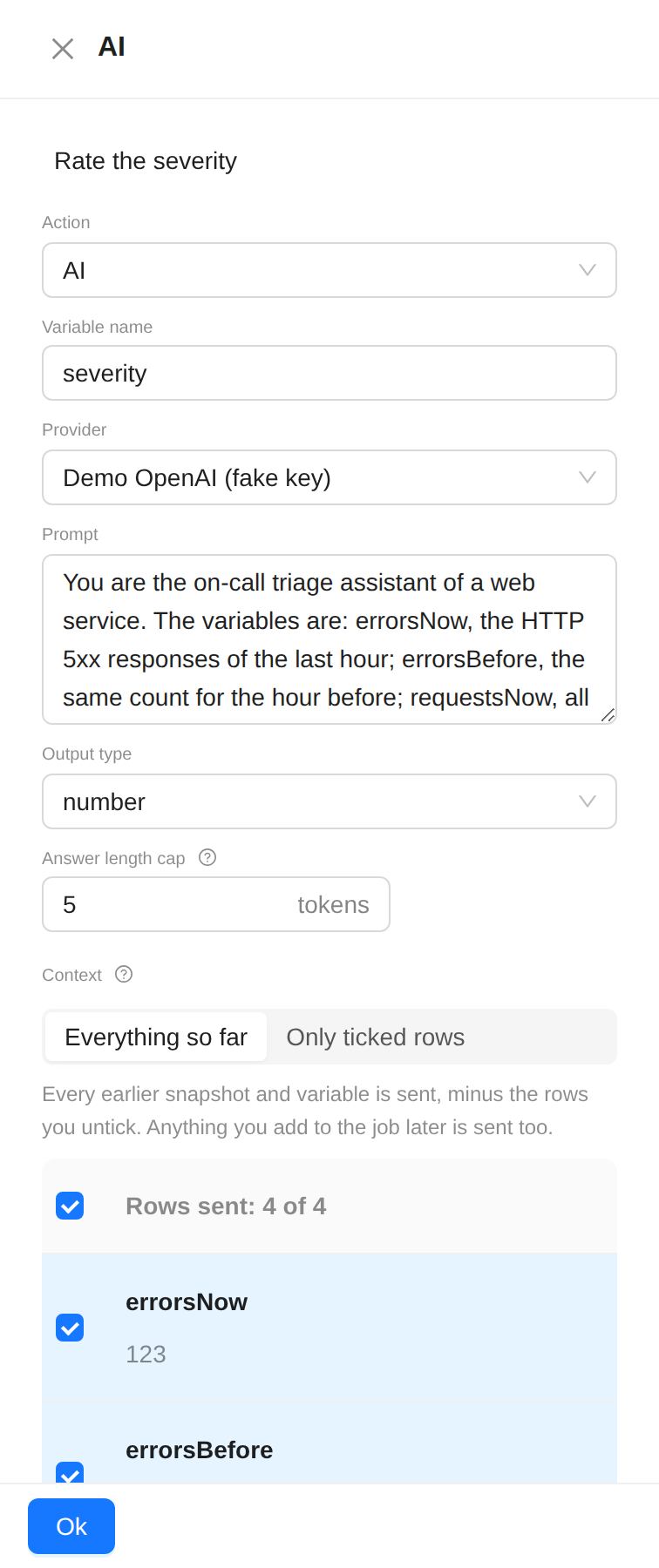 The AI action: prompt, output type and the captured snapshots sent as context