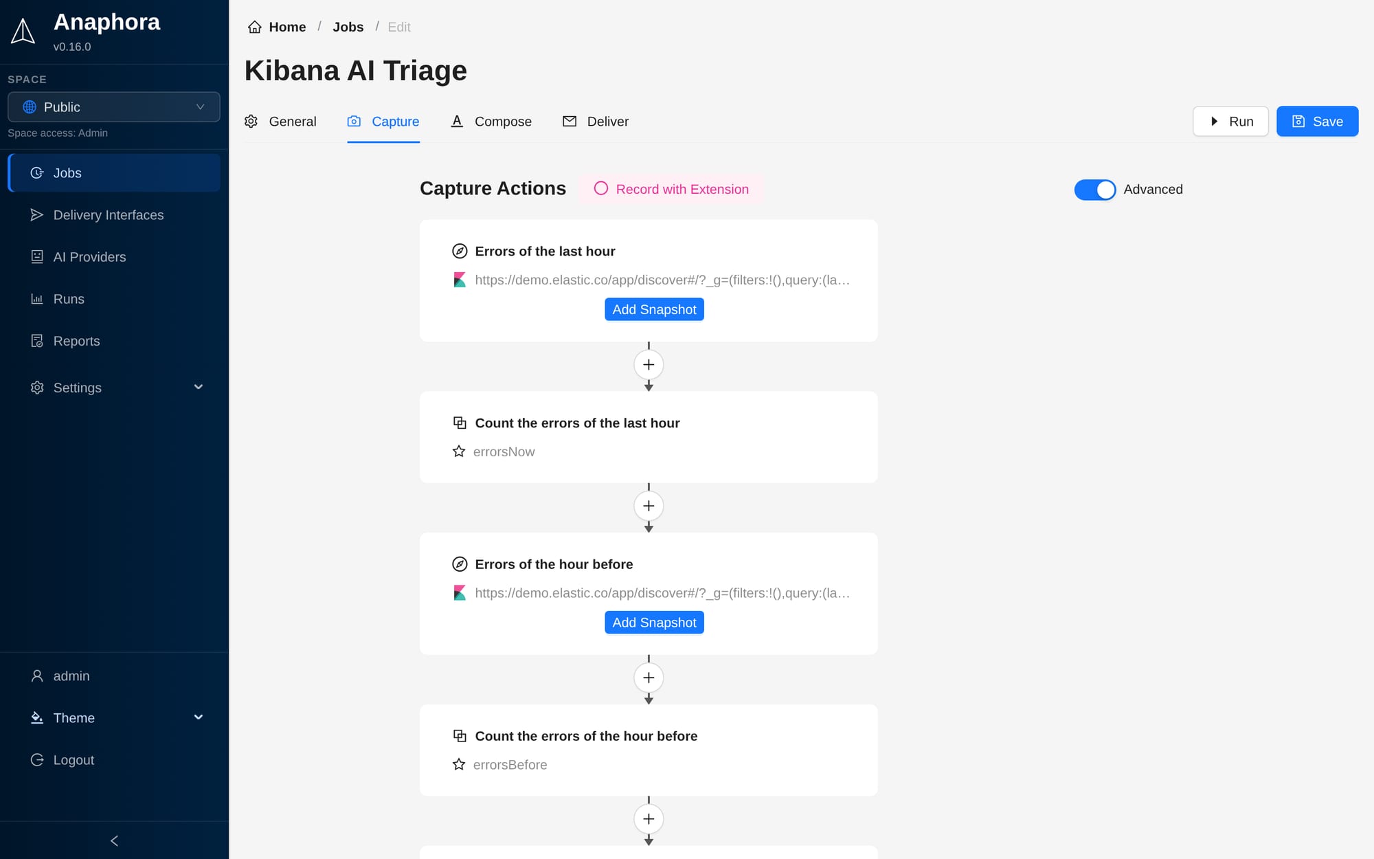 Capture pipeline pulling snapshots and values from Kibana, Grafana and web apps