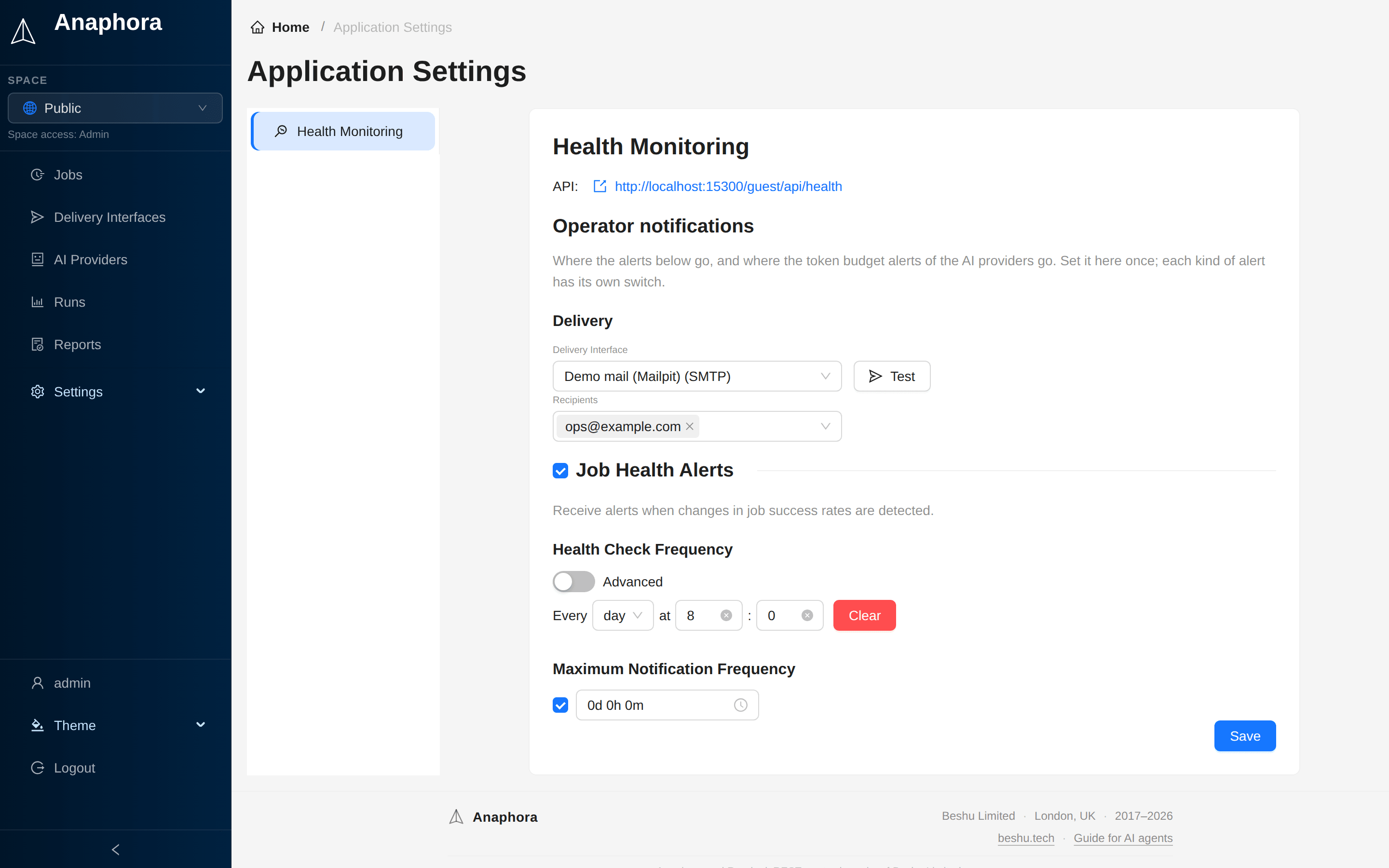 The Health Monitoring settings: the health API address, the operator notification channel and the job health alerts