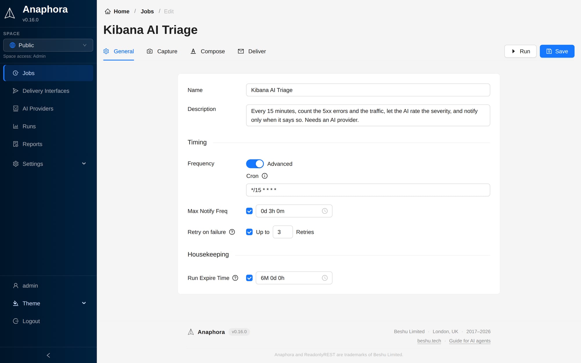 The General tab of a job: cron every 15 minutes, notification throttle and retries